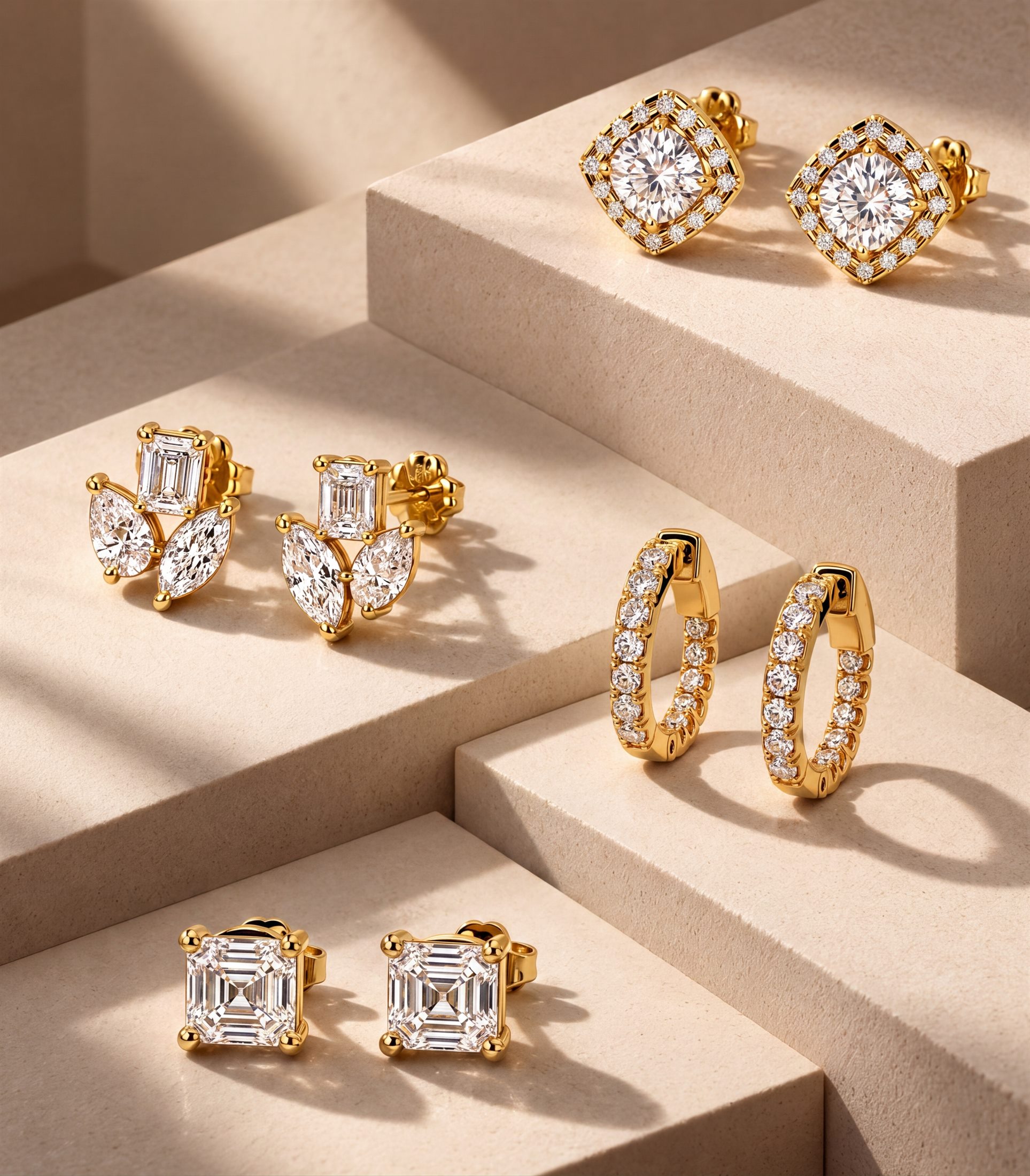 Diamond stud and hoop earrings arranged on stone steps