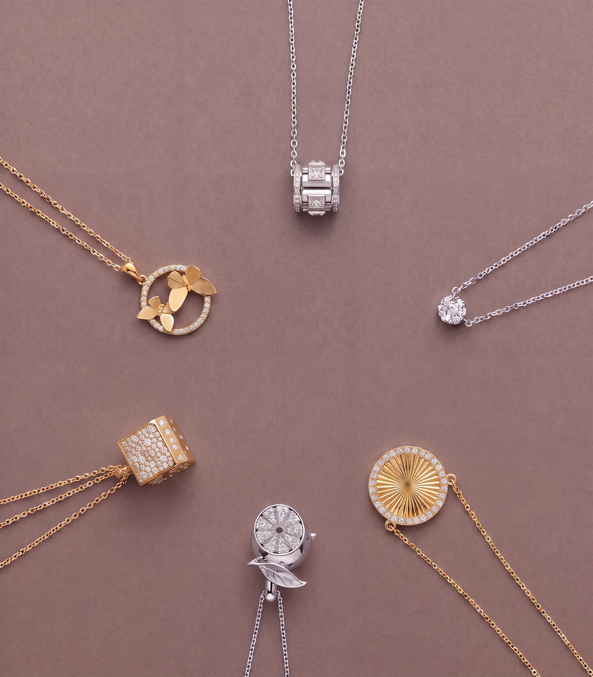 Fine diamond necklaces on display
